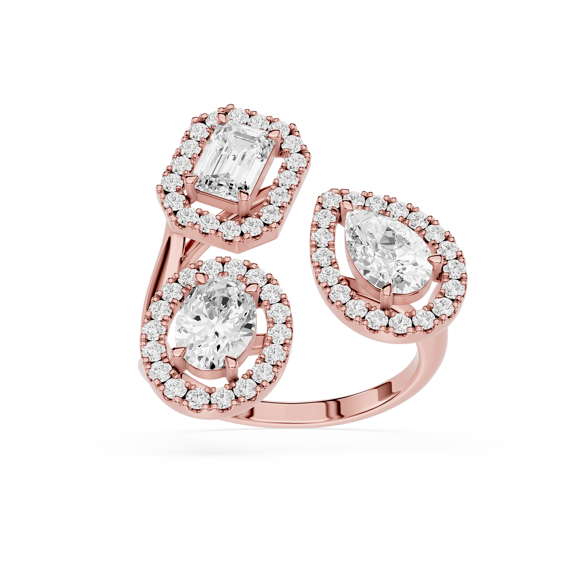 Rose gold earrings with diamond accents on a white background