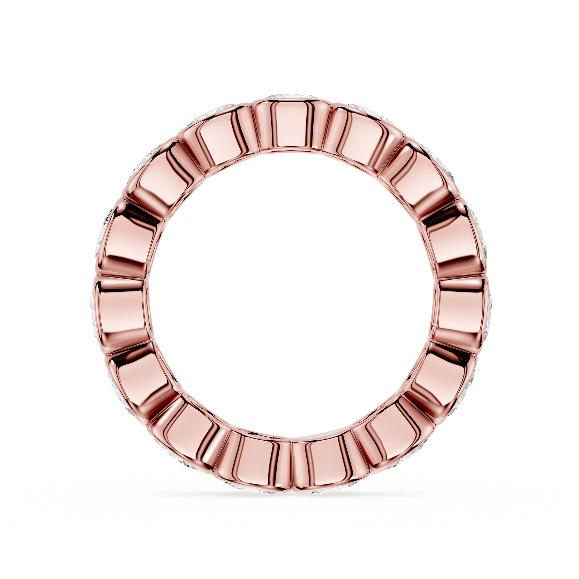 A rose gold ring with a textured, segmented outer edge and a smooth inner band, shown on a clean white background.