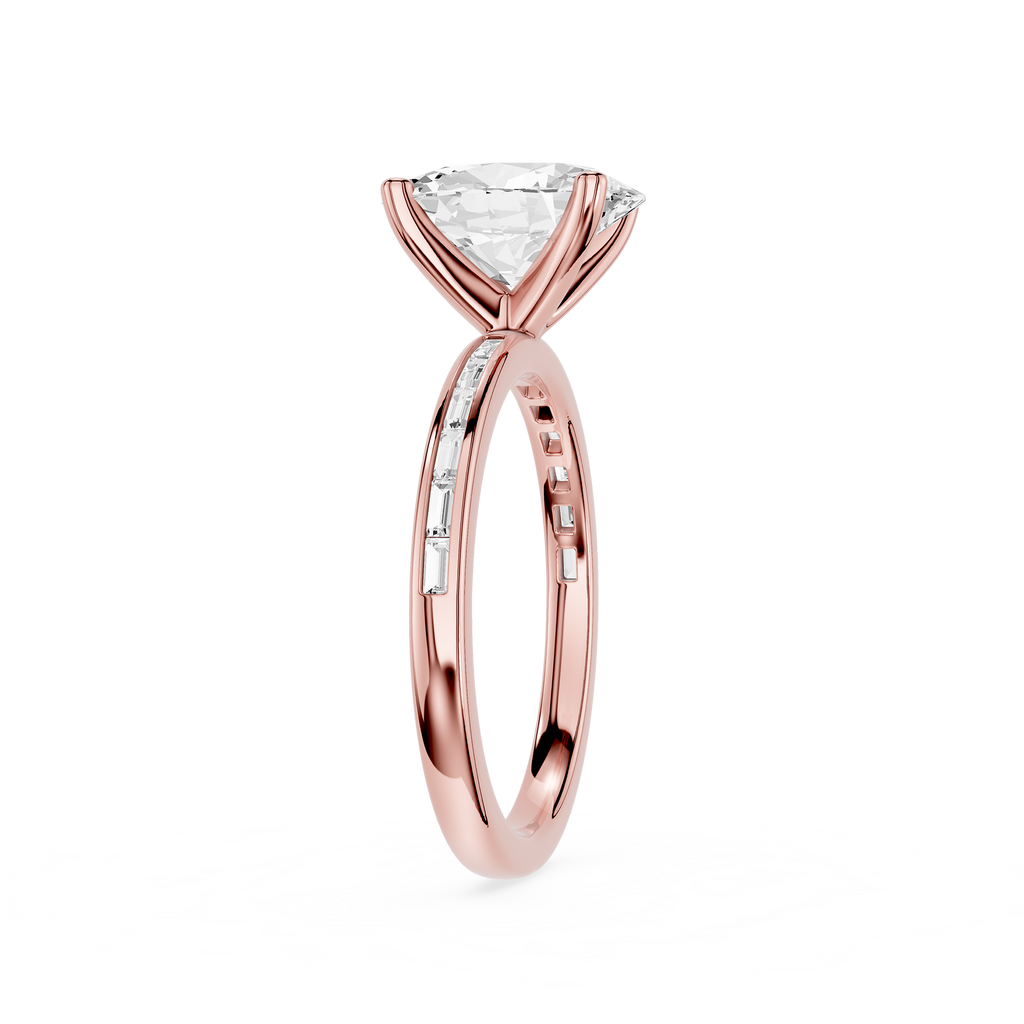 A rose gold engagement ring featuring a triangular clear gemstone in a prong setting, with a polished band accented by small pavé diamonds, shown on a solid white background.