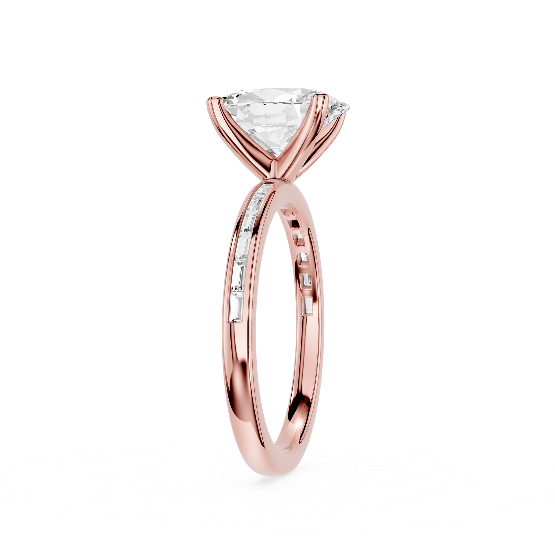 A rose gold engagement ring featuring a triangular clear gemstone in a prong setting, with a polished band accented by small pavé diamonds, shown on a solid white background.