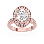 Rose gold ring with a large central diamond and smaller diamonds around on a white background