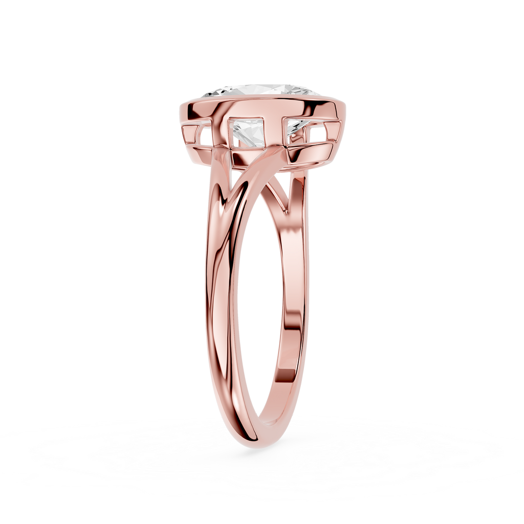 Rose gold ring with a diamond on a white background