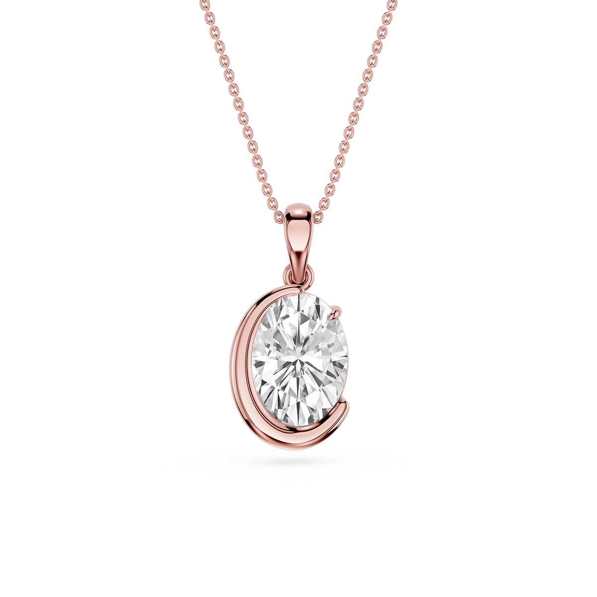 Rose gold necklace with a diamond pendant on a white background