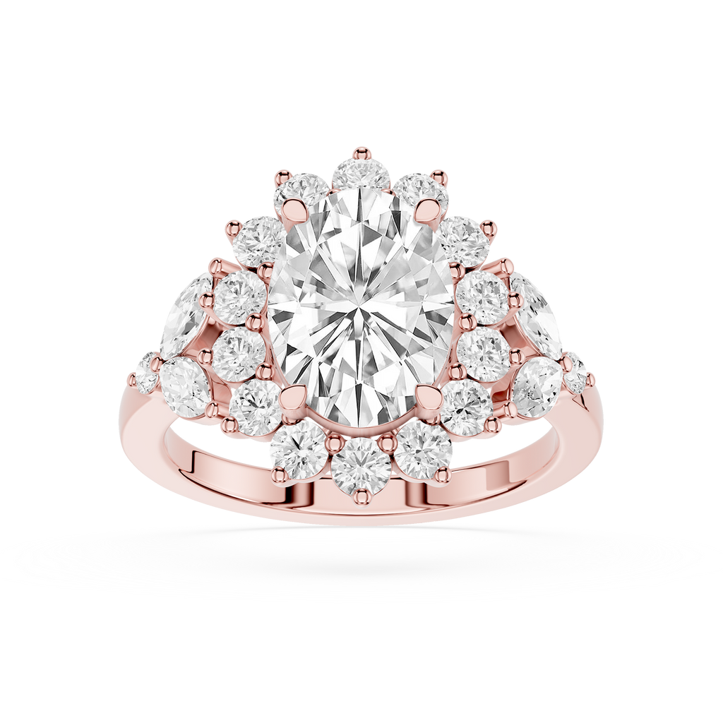 A Rose gold ring featuring a large oval-cut clear center stone surrounded by a cluster of smaller round and marquise-cut clear stones, shown on a plain white background.