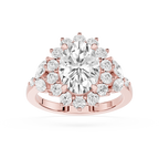 A Rose gold ring featuring a large oval-cut clear center stone surrounded by a cluster of smaller round and marquise-cut clear stones, shown on a plain white background.