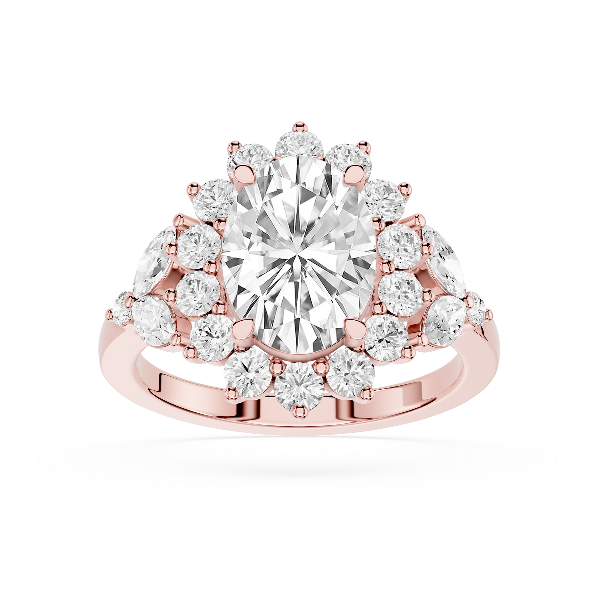 A Rose gold ring featuring a large oval-cut clear center stone surrounded by a cluster of smaller round and marquise-cut clear stones, shown on a plain white background.