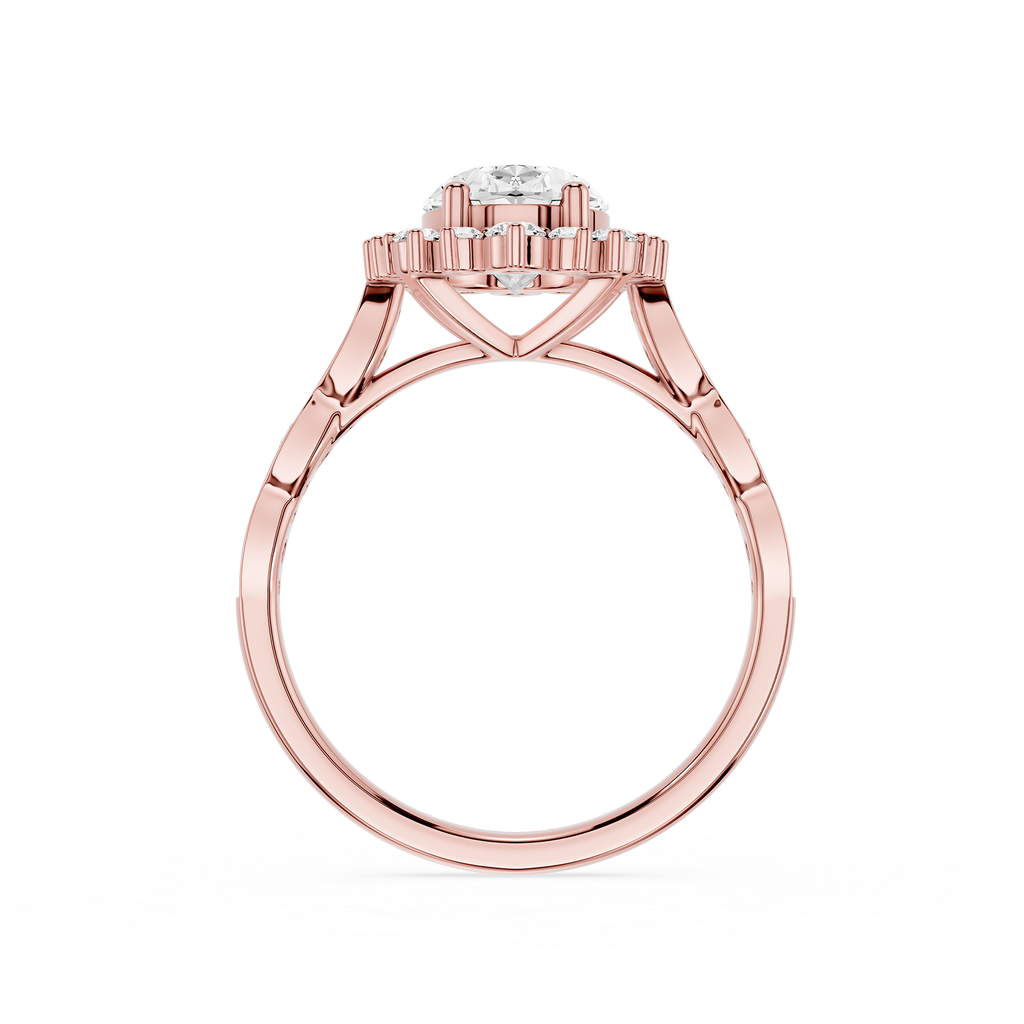 Rose gold ring with a diamond on a white background