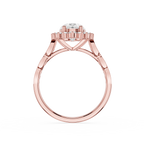 Rose gold ring with a diamond on a white background