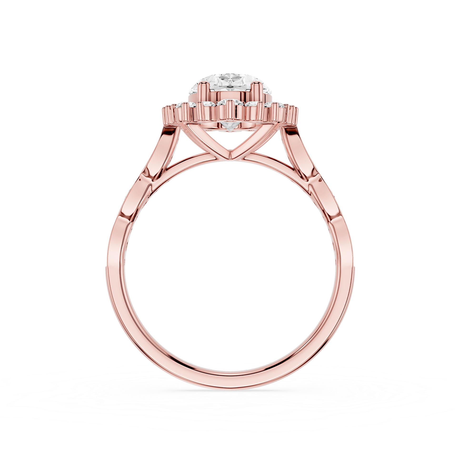 Rose gold ring with a diamond on a white background
