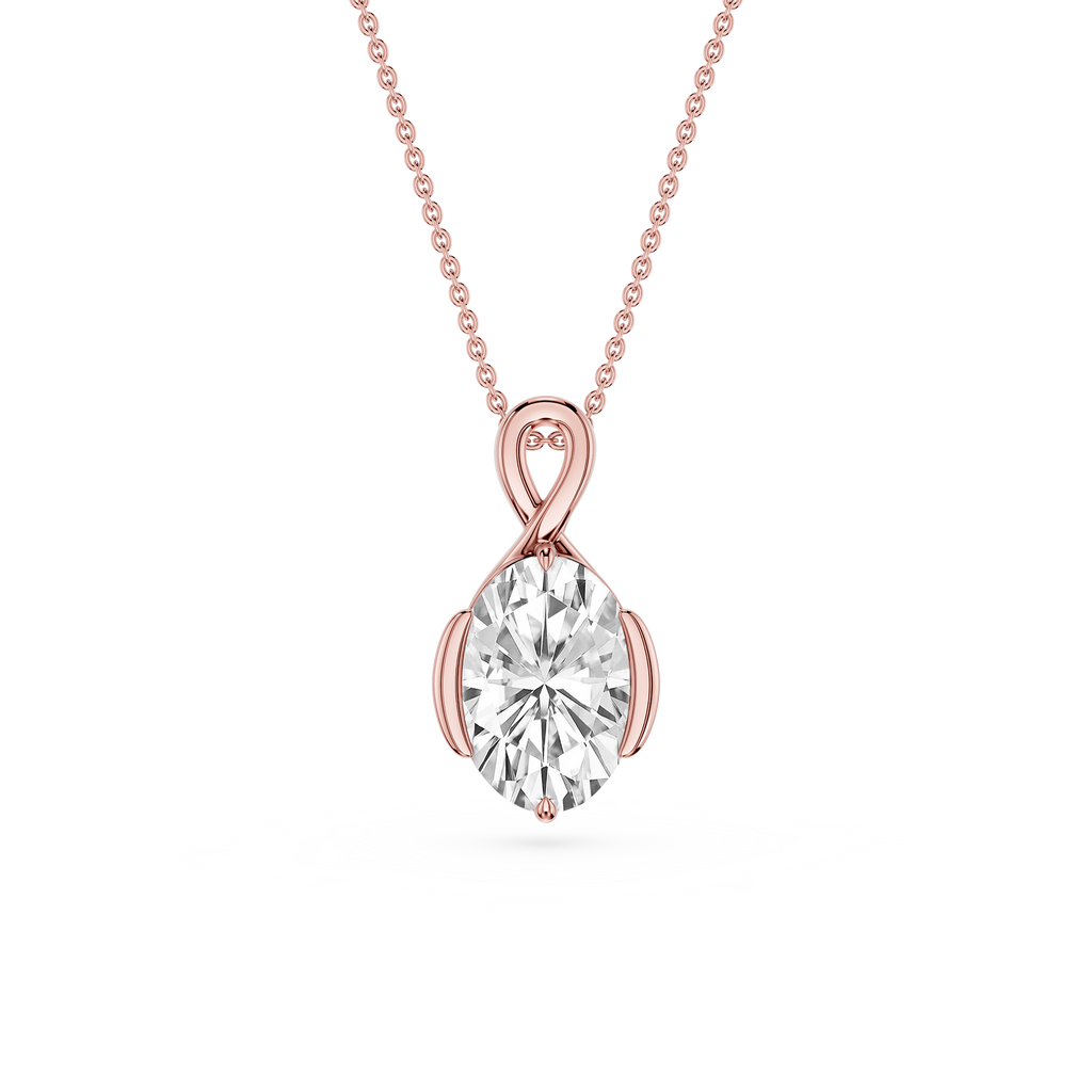 Rose gold necklace with a diamond pendant on a white background