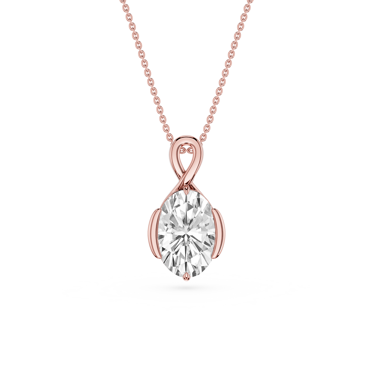 Rose gold necklace with a diamond pendant on a white background