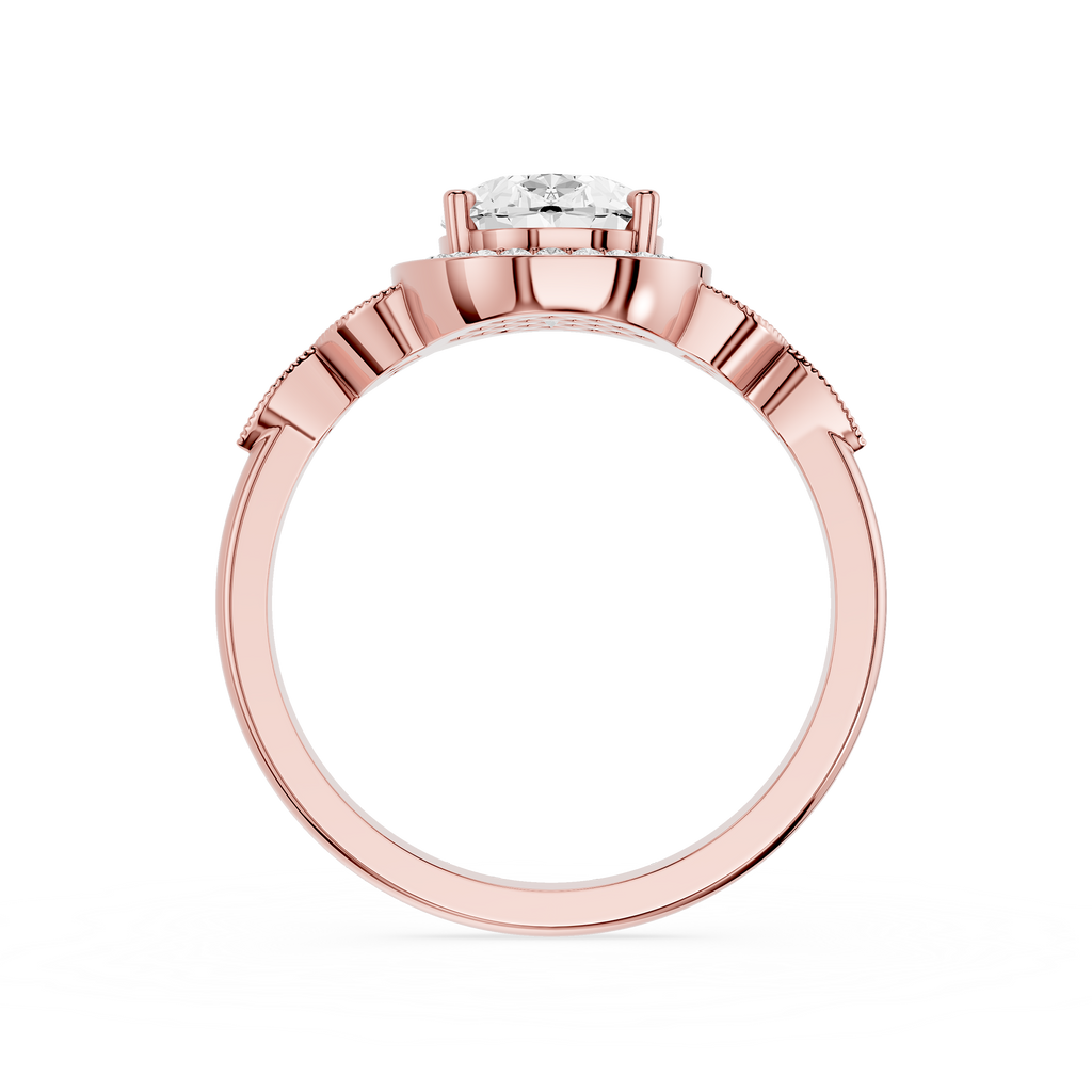 Rose gold ring with a diamond on a white background