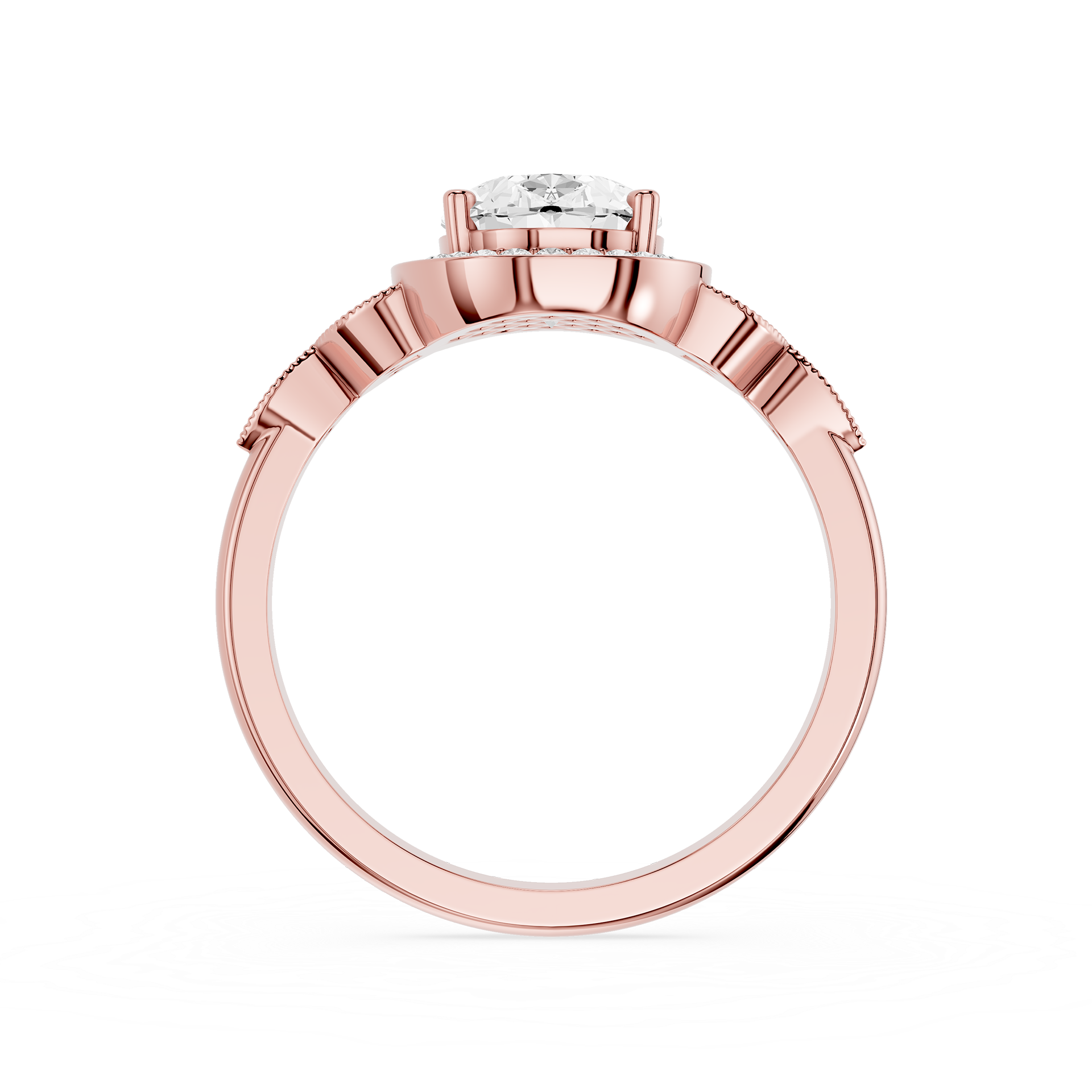 Rose gold ring with a diamond on a white background