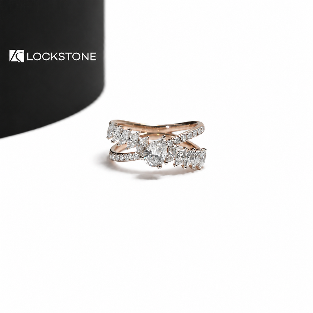 Rose gold lab grown diamond bypass ring featuring an oval center stone, marquise side diamonds and pavé split shank