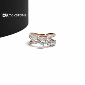 Rose gold lab grown diamond bypass ring featuring an oval center stone, marquise side diamonds and pavé split shank