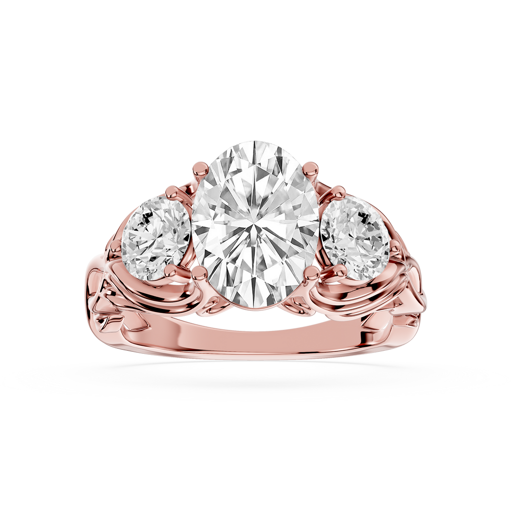 Rose gold ring with three diamonds on a white background
