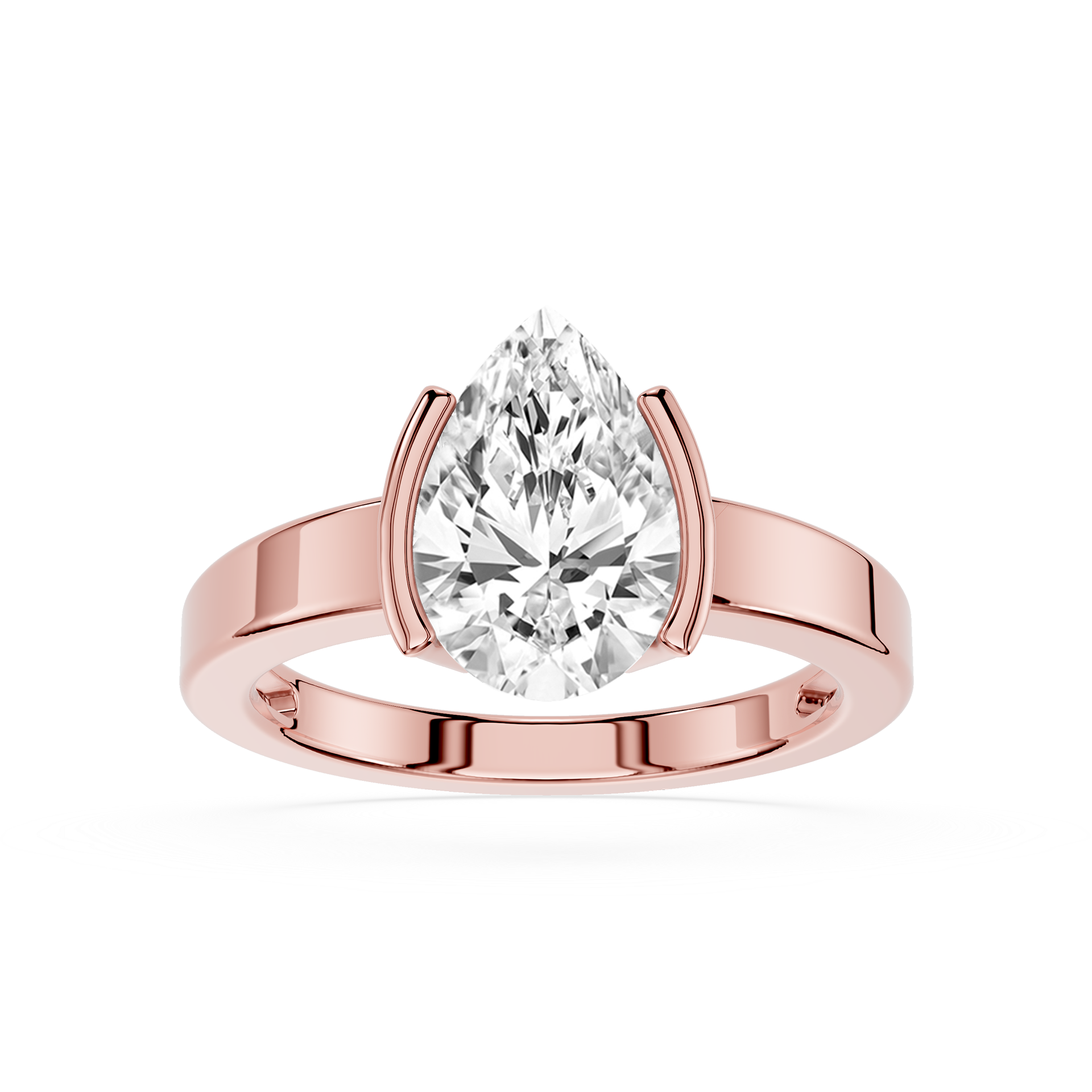 Rose gold ring with a pear-shaped diamond on a white background