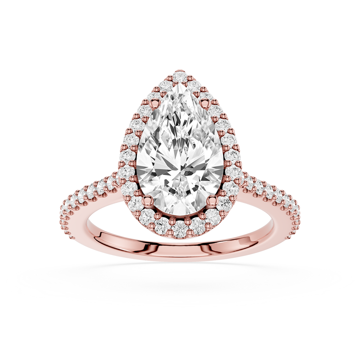 Front View OF Rose Gold Pear Cut Lab Grown Diamond French Pave Halo Engagement Ring