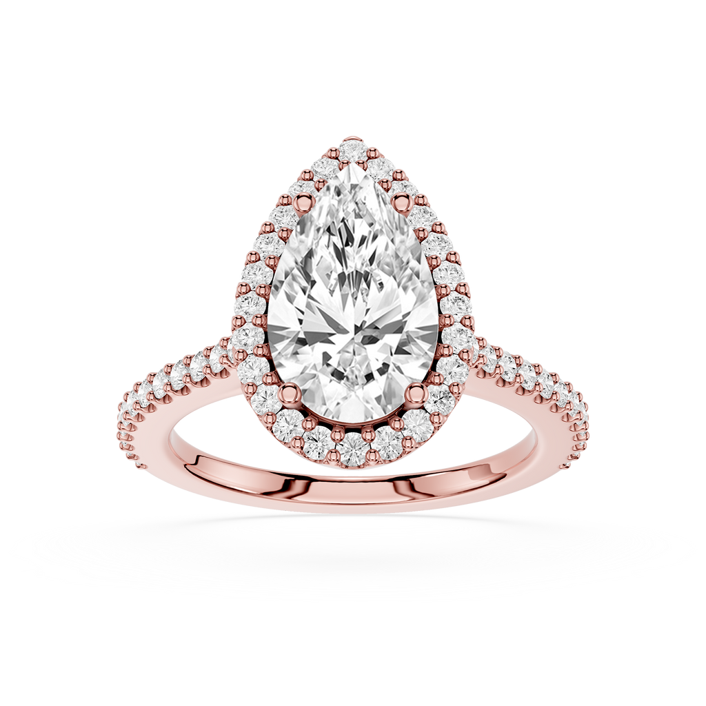 Rose gold ring with a pear-shaped diamond and smaller diamonds on a white background