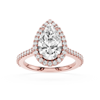 Rose gold ring with a pear-shaped diamond and smaller diamonds on a white background