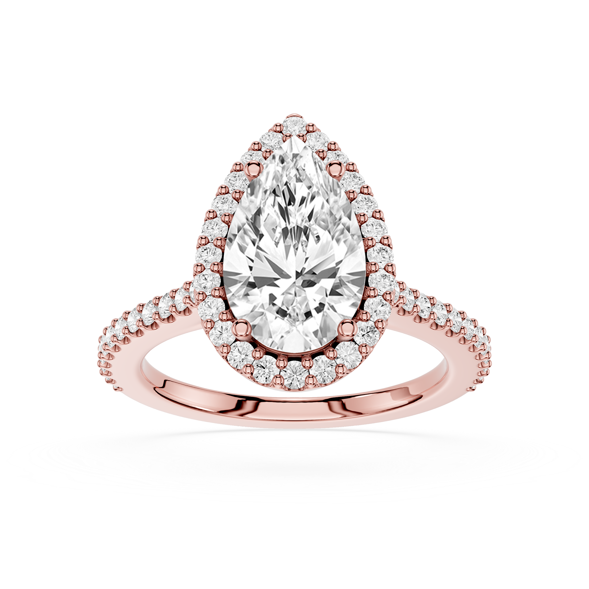 Rose gold ring with a pear-shaped diamond and smaller diamonds on a white background
