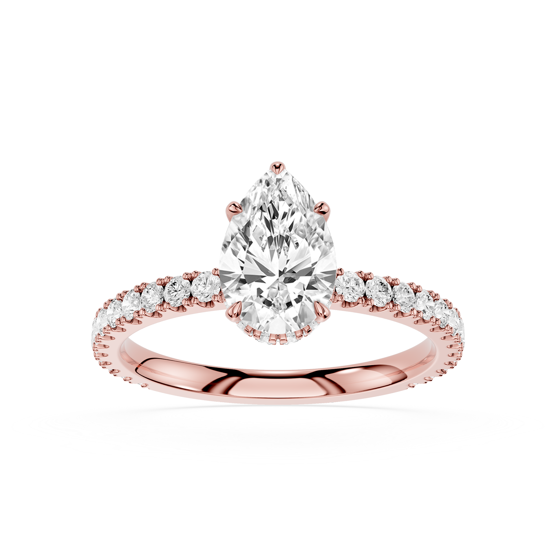 Rose gold ring with a pear-shaped diamond on a white background