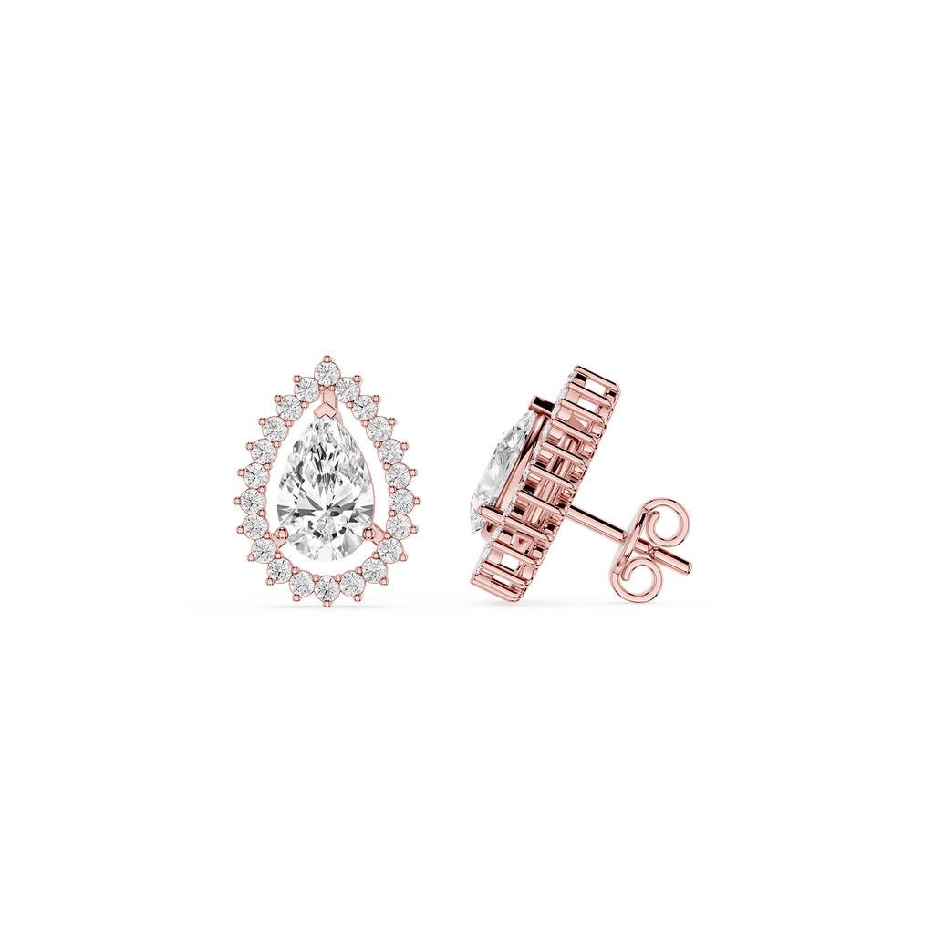 Rose gold diamond earrings on a white background