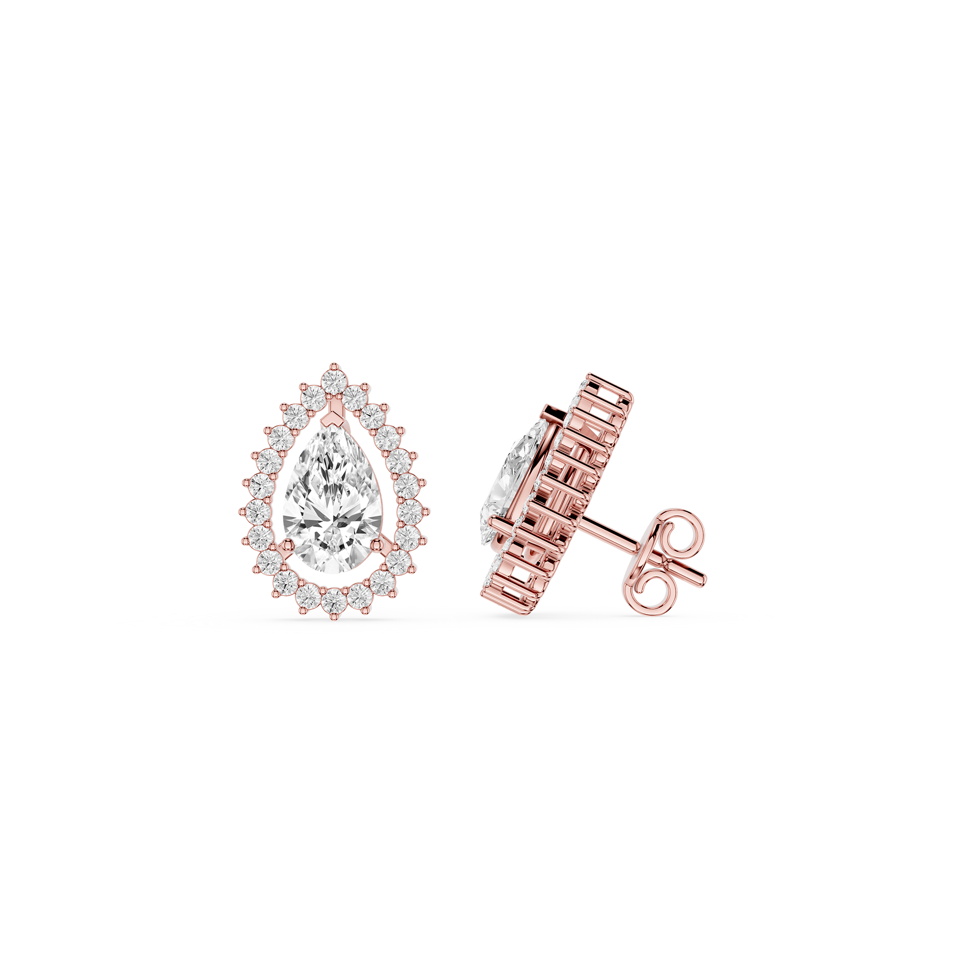Rose gold diamond earrings on a white background