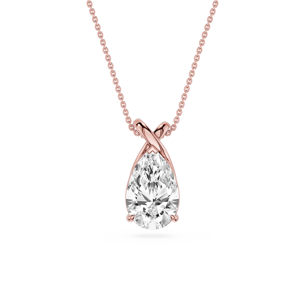 Rose gold necklace with a pear-shaped diamond pendant on a white background