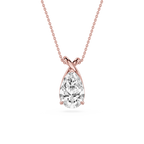 Rose gold necklace with a pear-shaped diamond pendant on a white background