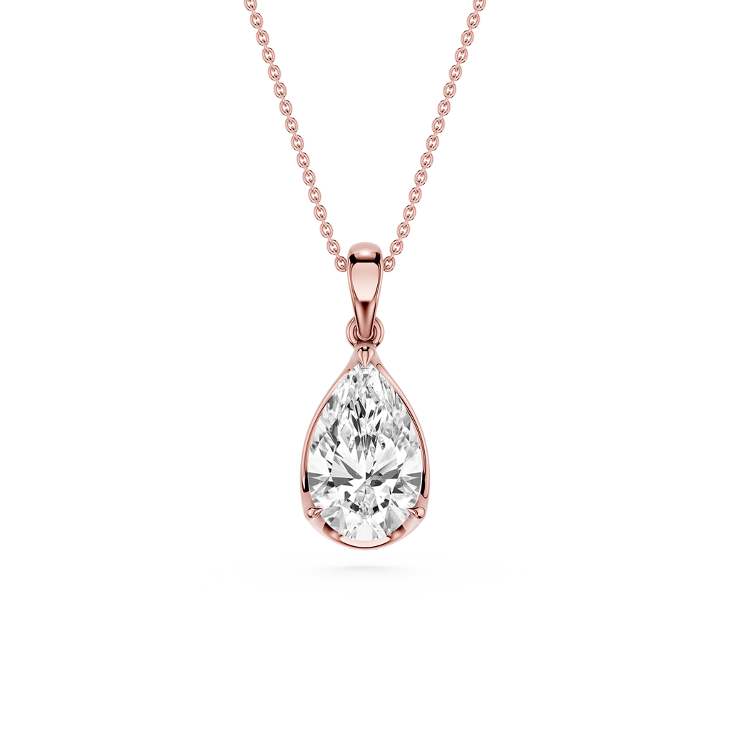 Rose gold teardrop-shaped diamond pendant on a white background