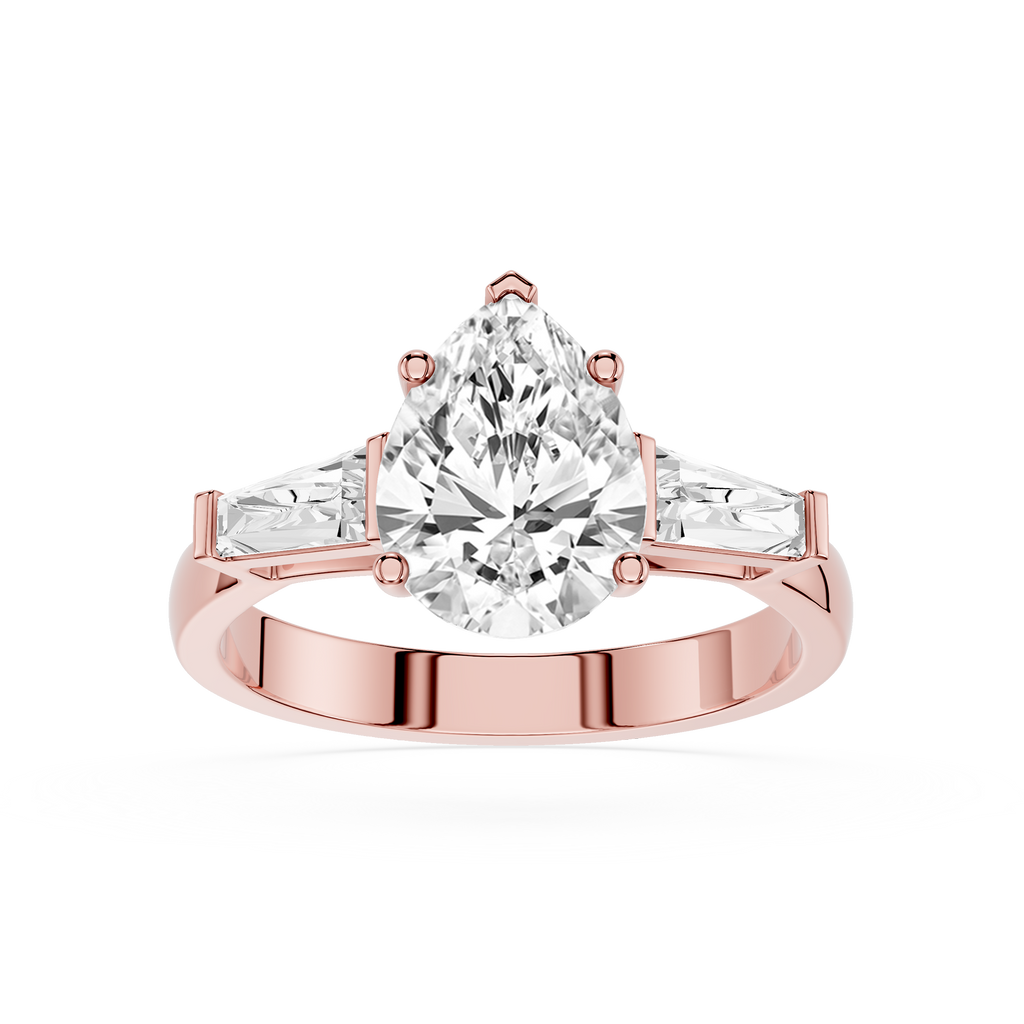 Rose gold ring with a large diamond and smaller diamonds on a white background