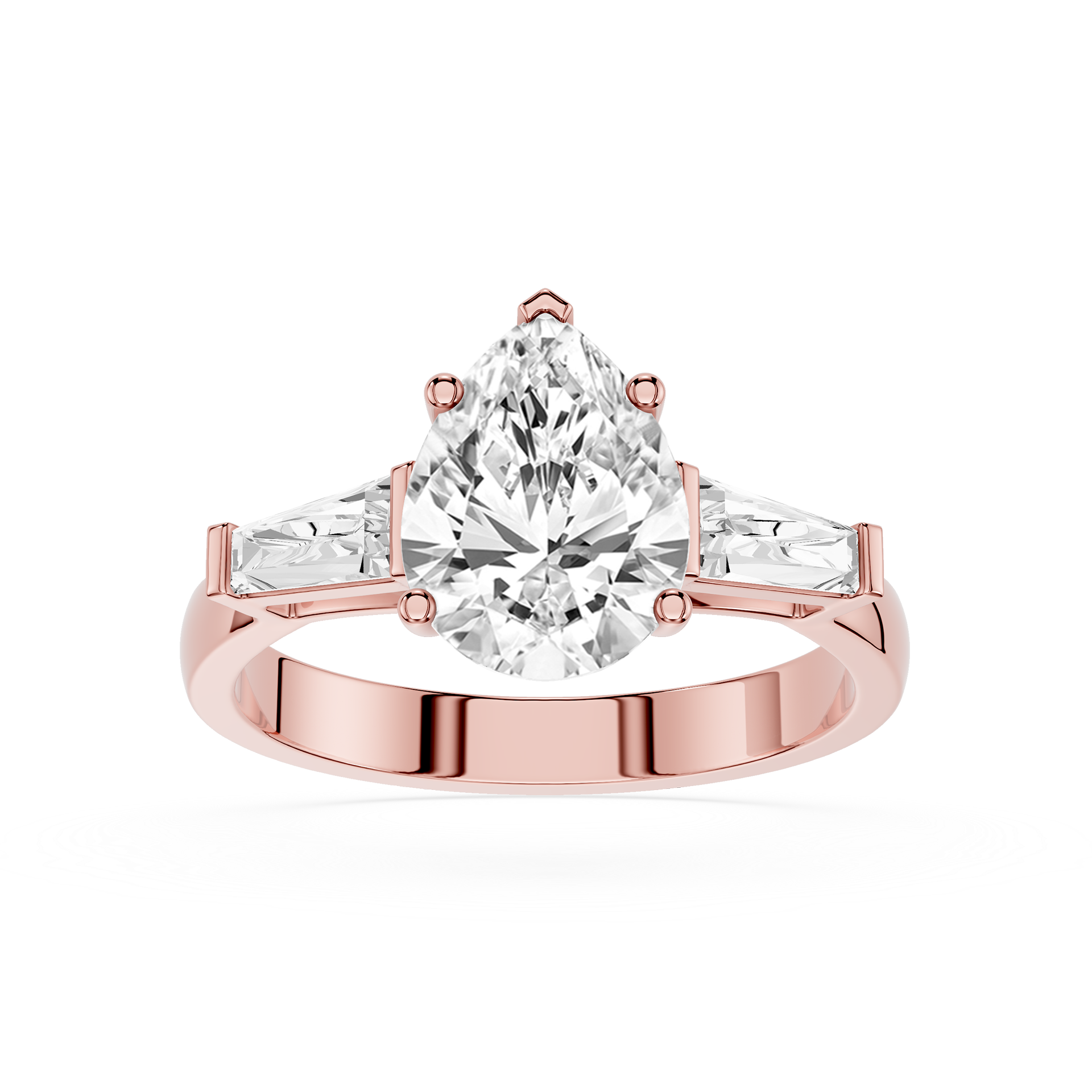 Rose gold ring with a large diamond and smaller diamonds on a white background