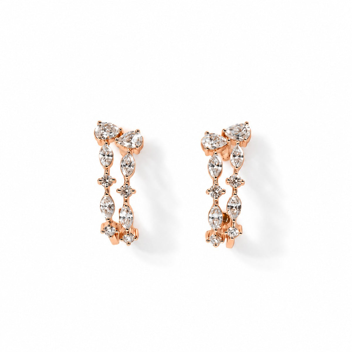Rose gold lab grown diamond hoop earrings featuring double rows of marquise cut stones with round diamond accents