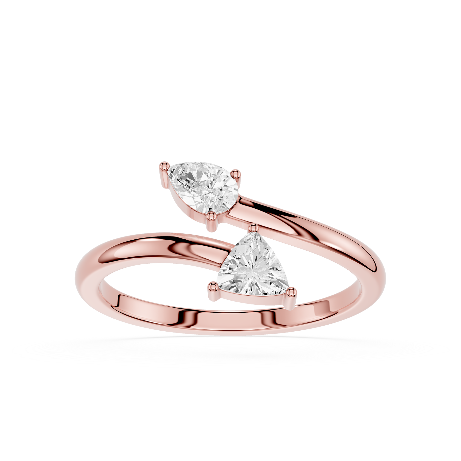 A rose gold ring with two triangular-cut clear gemstones, set against a clean white background.