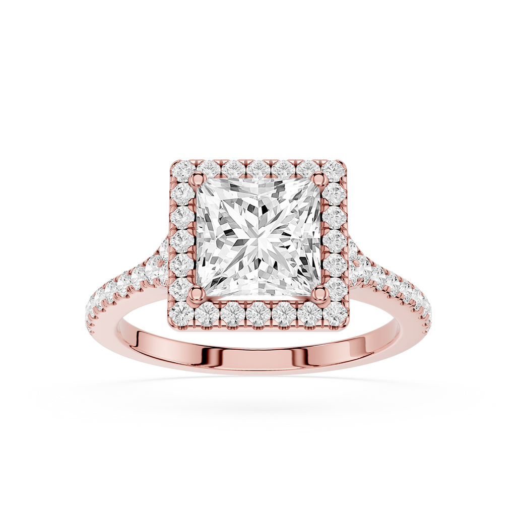 Rose gold ring with a large diamond and smaller diamonds on the band against a white background