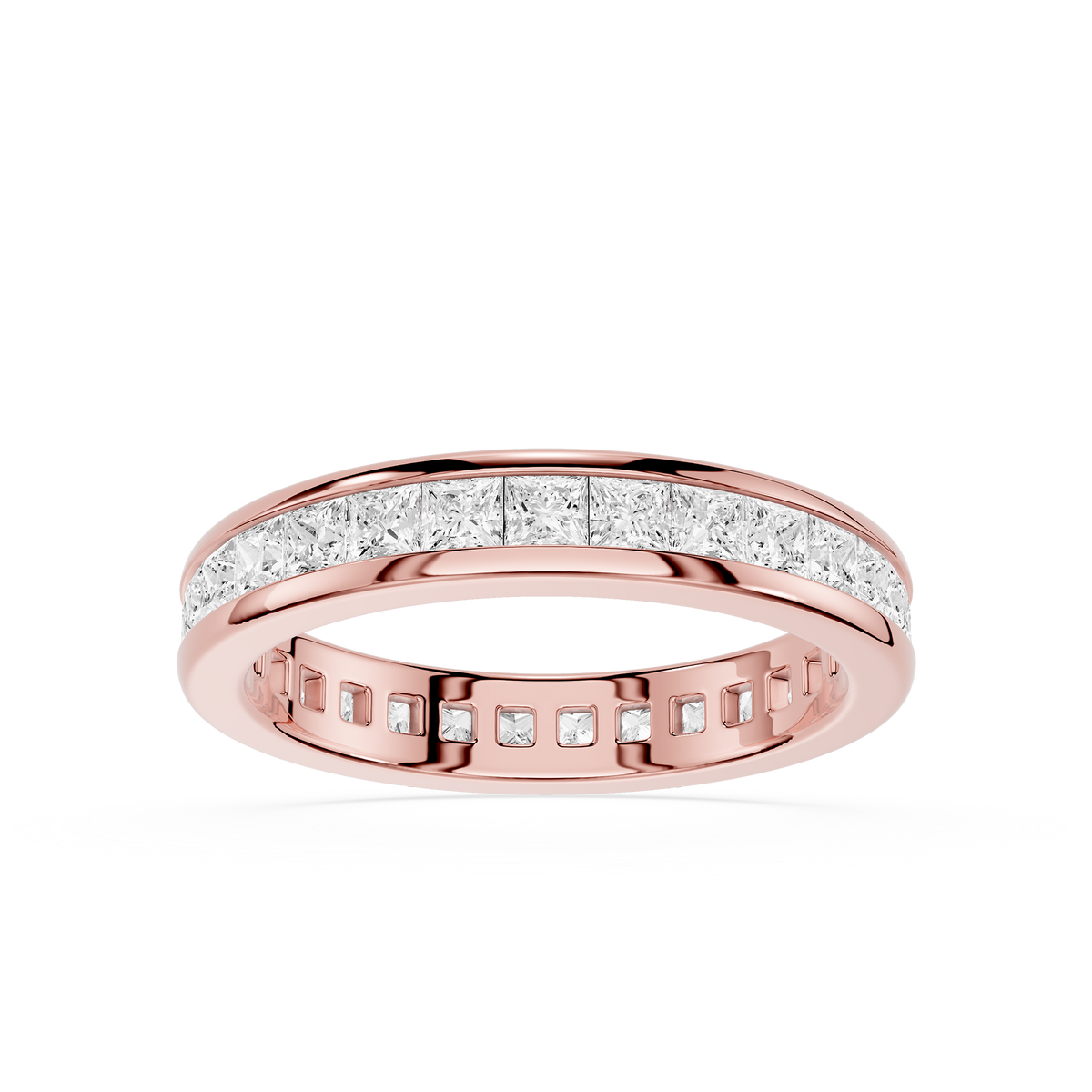 Princess Cut Lab Created Diamond Anniversary Ring in Rose Gold showcasing a full eternity layout with channel set square diamonds.