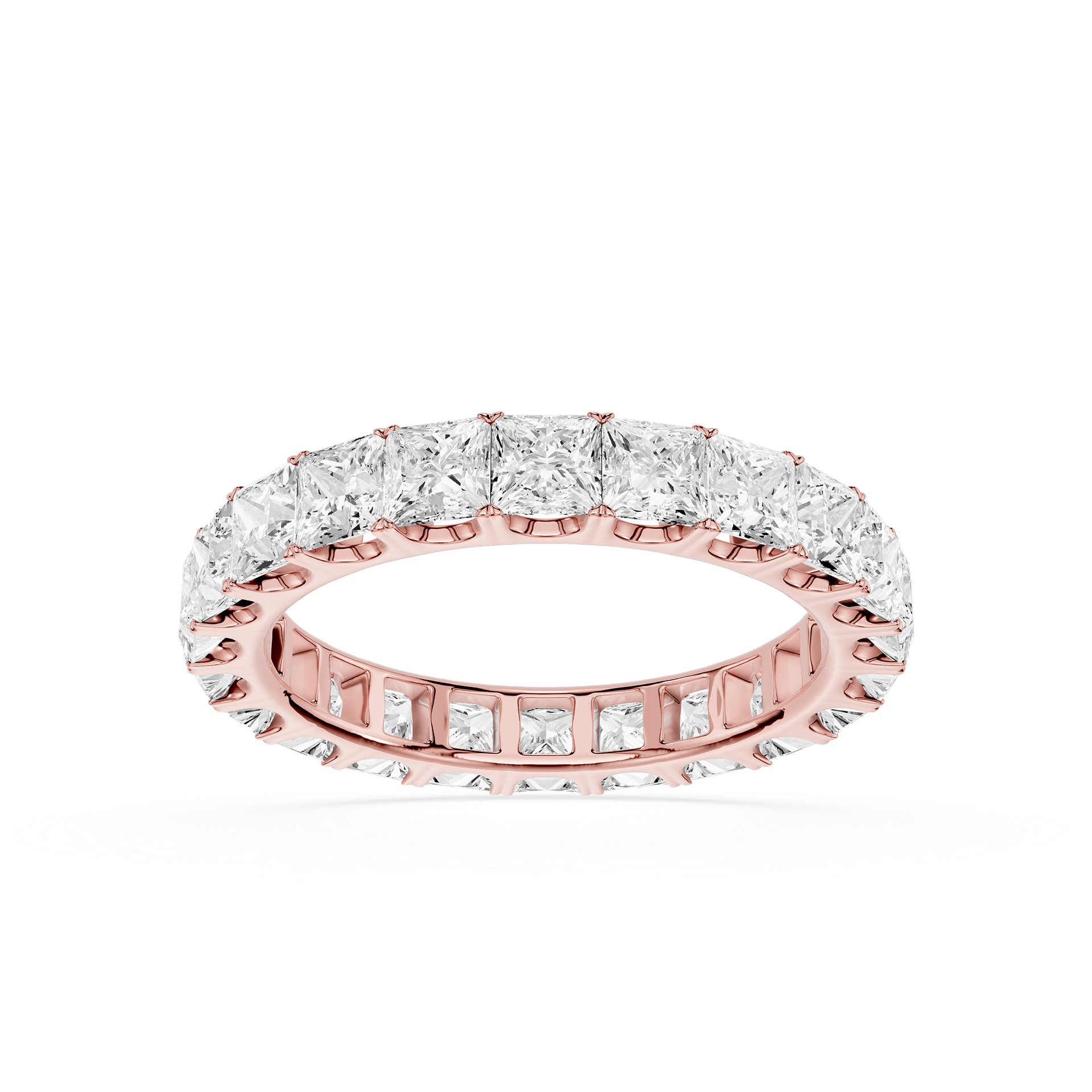 A rose gold eternity ring featuring a continuous row of round brilliant-cut diamonds on a clean white background.