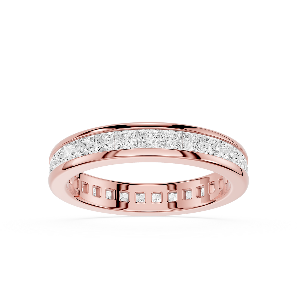 Rose gold ring with diamonds on a white background