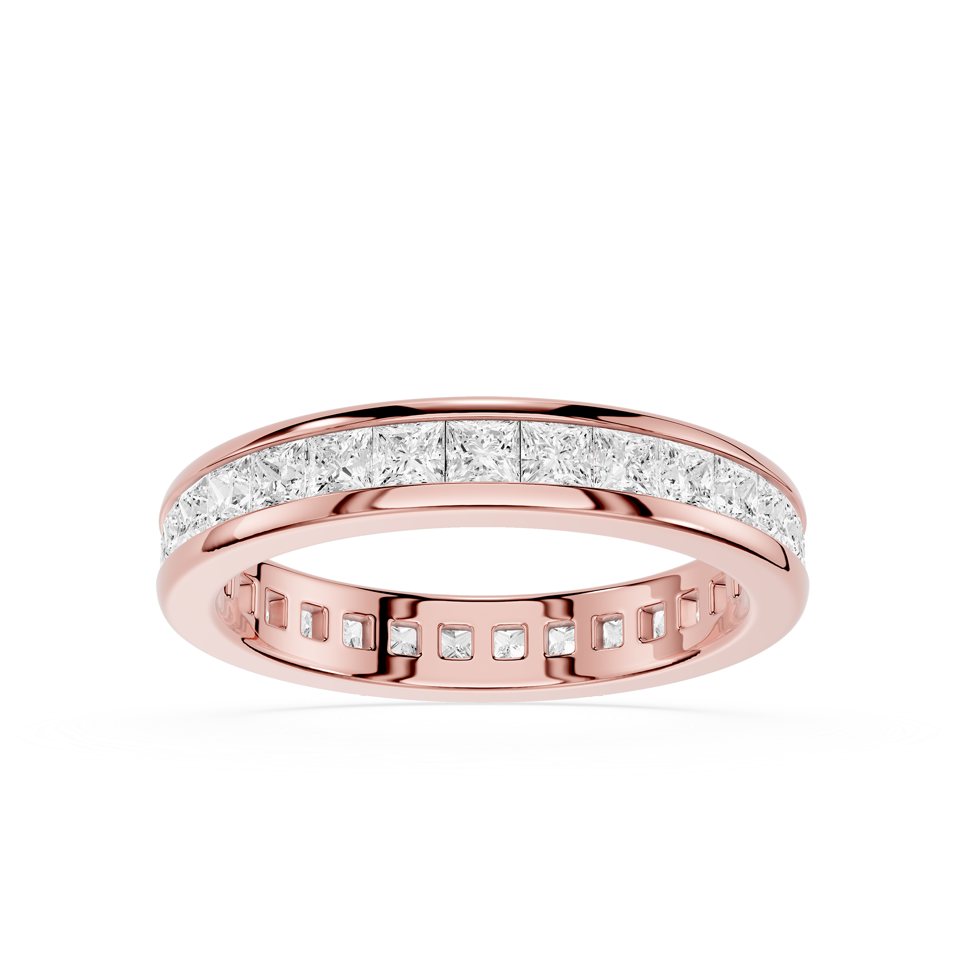 Rose gold ring with diamonds on a white background