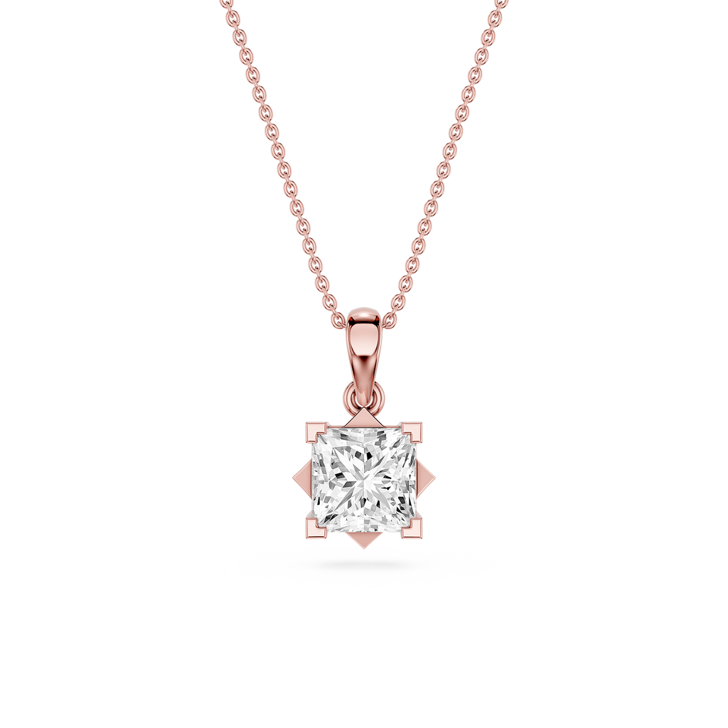 Rose gold necklace with a diamond pendant on a white background