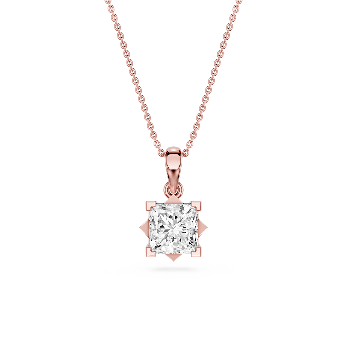 Rose gold necklace with a diamond pendant on a white background
