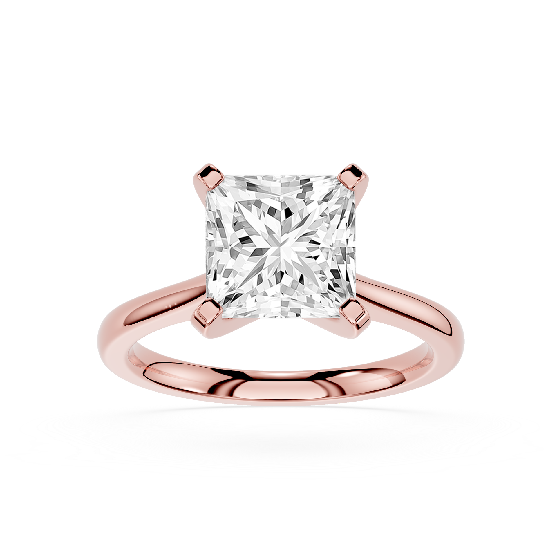 Rose gold ring with a large diamond on a white background