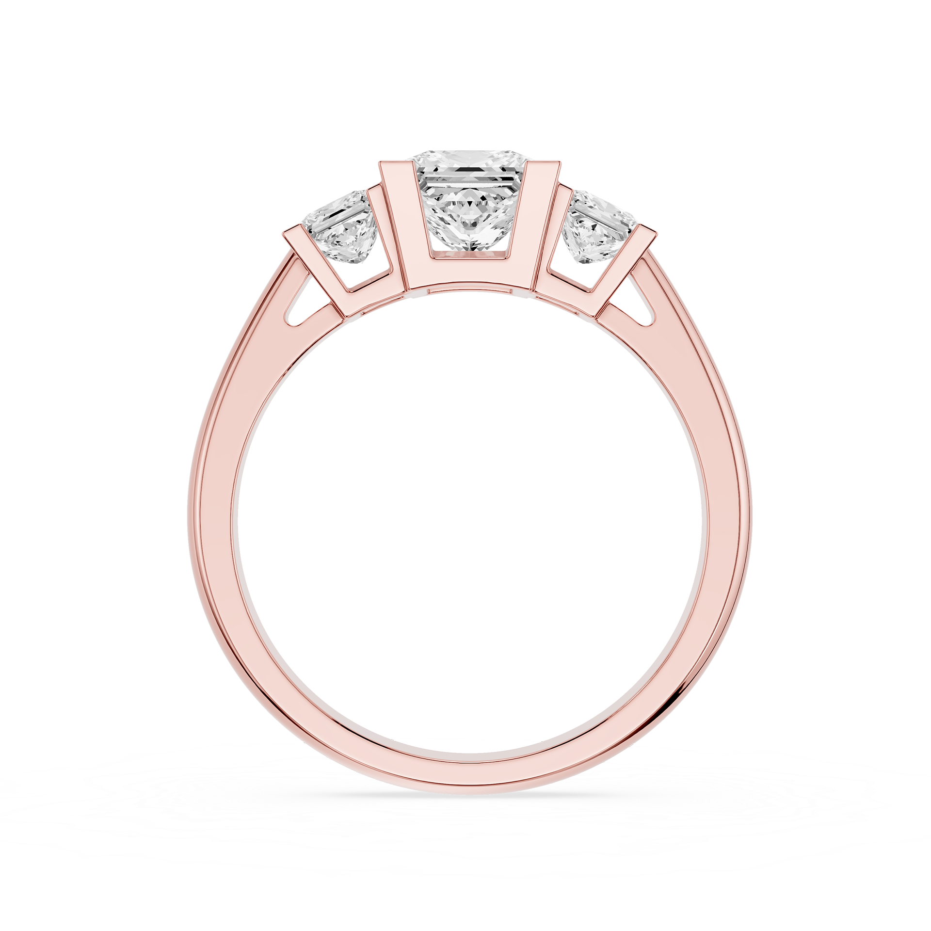 Rose gold ring with three diamonds on a white background