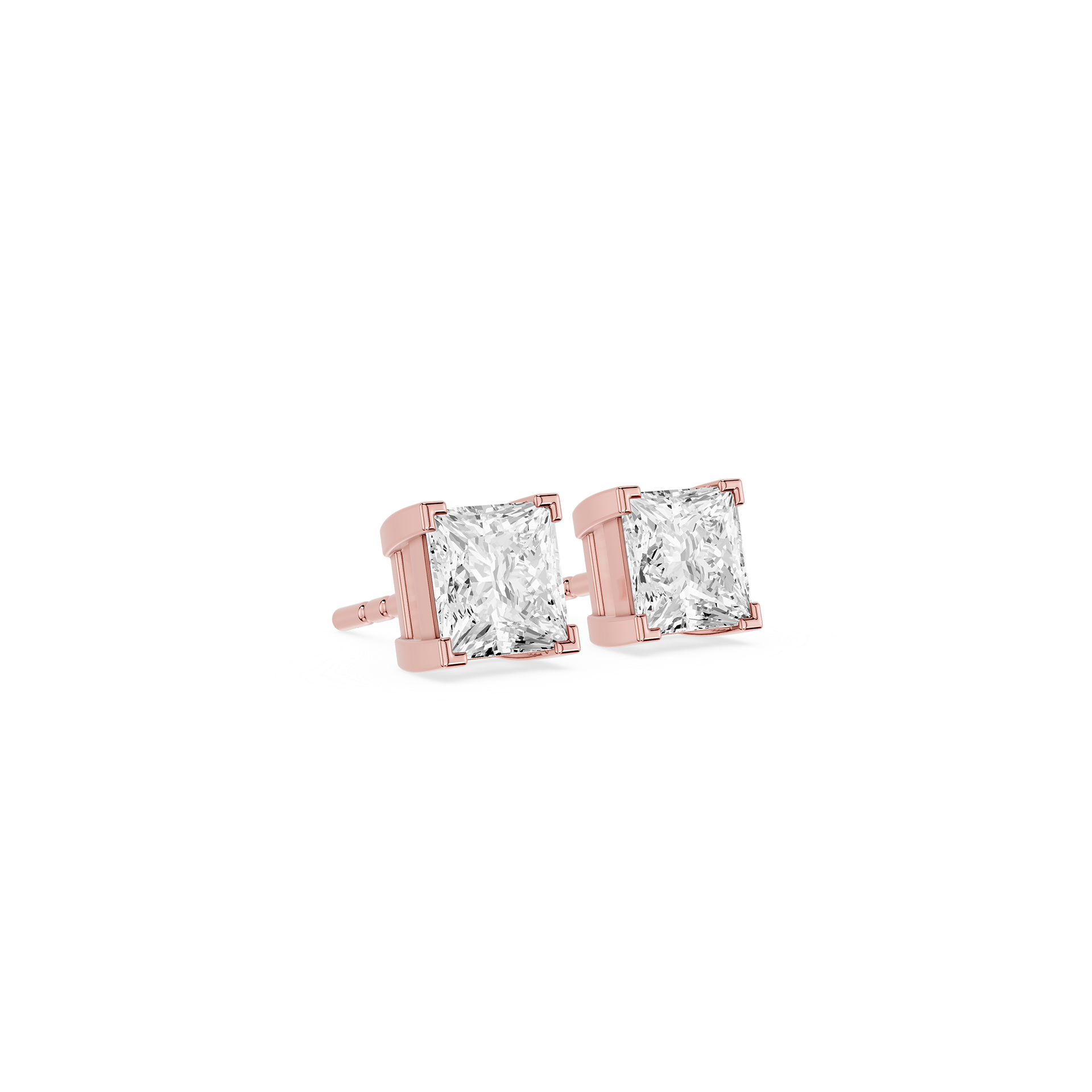 Rose gold stud earrings with clear gemstones on a white background