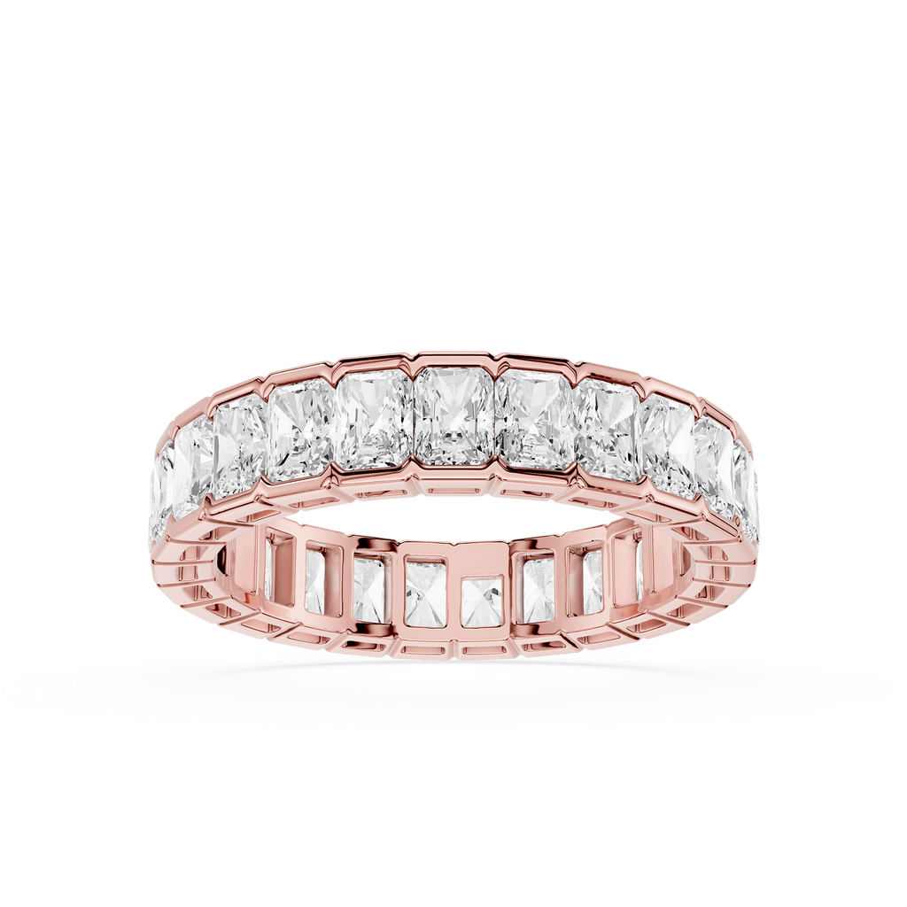 Radiant cut lab grown diamond full eternity band in rose gold with shared prong setting, romantic wedding jewelry for women