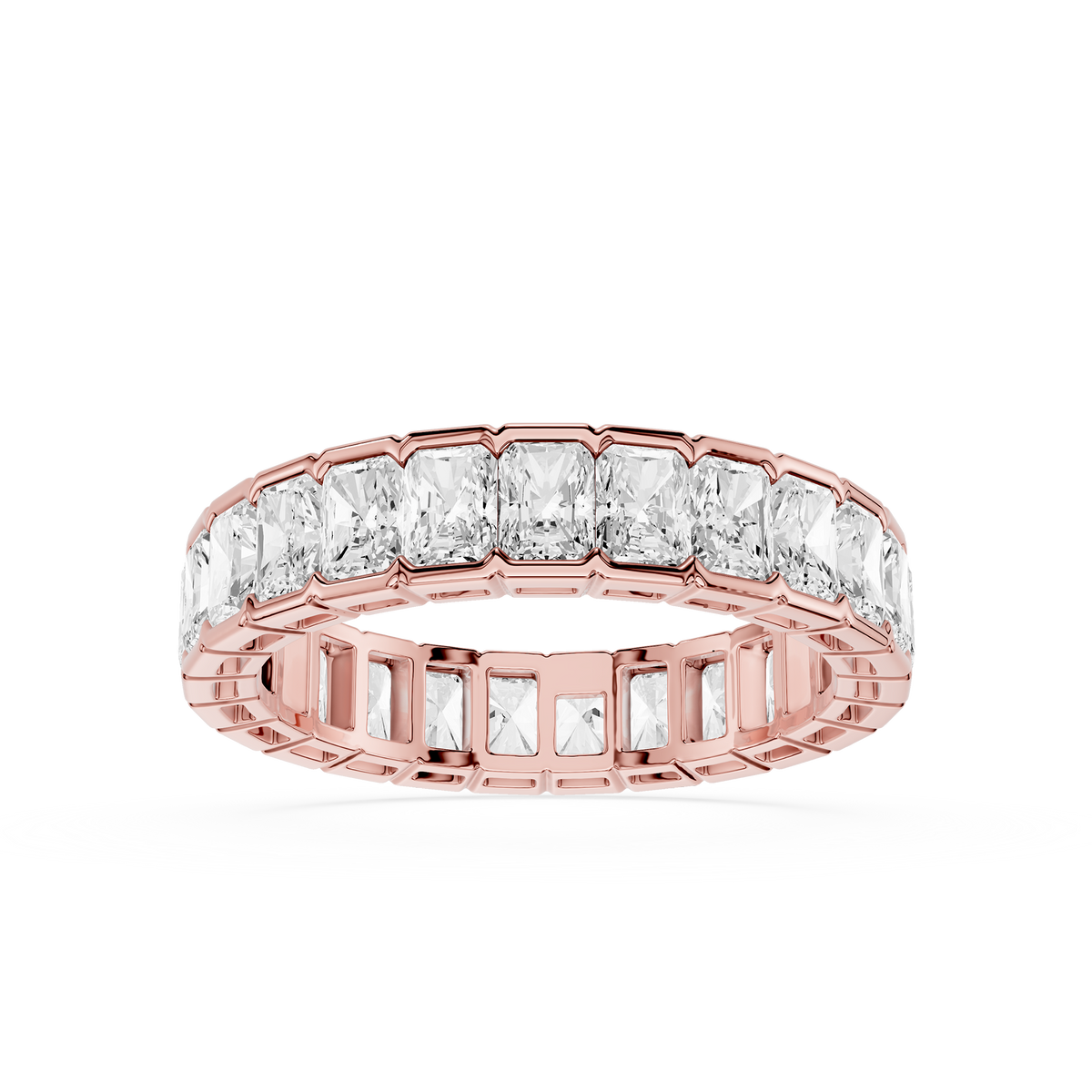 Radiant cut lab grown diamond full eternity band in rose gold with shared prong setting, romantic wedding jewelry for women