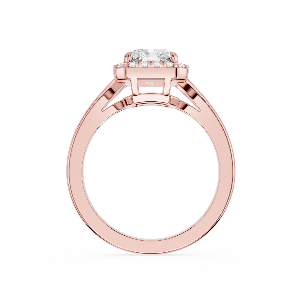 Rose gold ring with a diamond on a white background