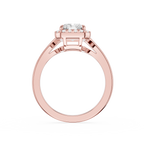 Rose gold ring with a diamond on a white background