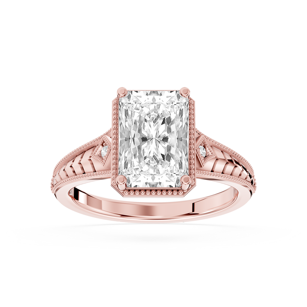 Rose gold radiant cut lab grown diamond vintage engagement ring with intricate filigree shoulders and milgrain detailing